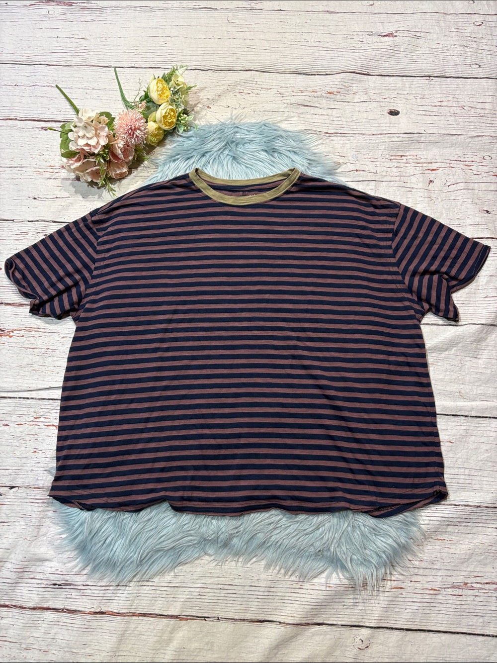 NWT Natural Navy Brown Striped Oversized Short Sleeve Tank
